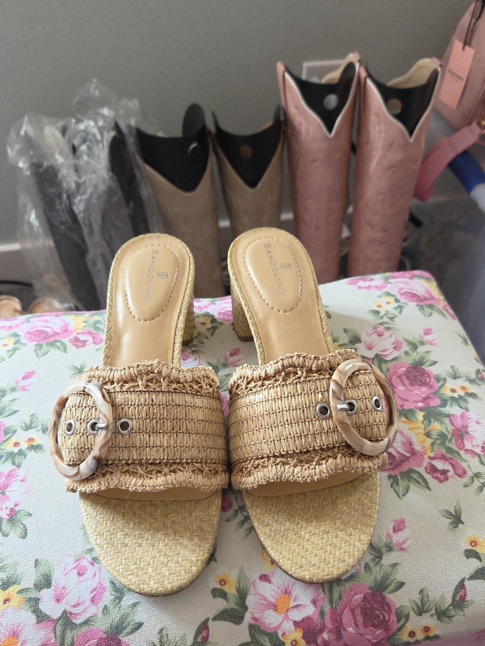 Bandolino Natural Beige Woven Slide Mules with Decorative Buckle